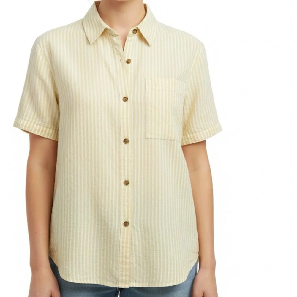 Lafayette 148 Top Yellow/White Striped Short Sleeve Button Down Shirt L - Picture 1 of 9